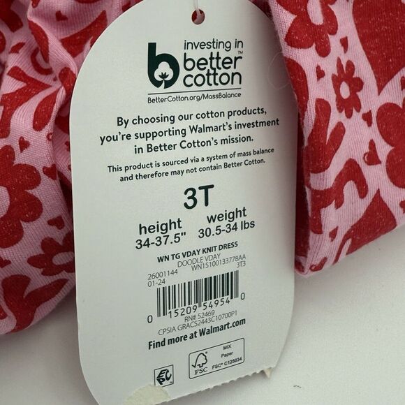 Valentine Dress 3T Heart Flower Love Print Red/Pink, Long Sleeve Wonder Nation - Picture 5 of 8